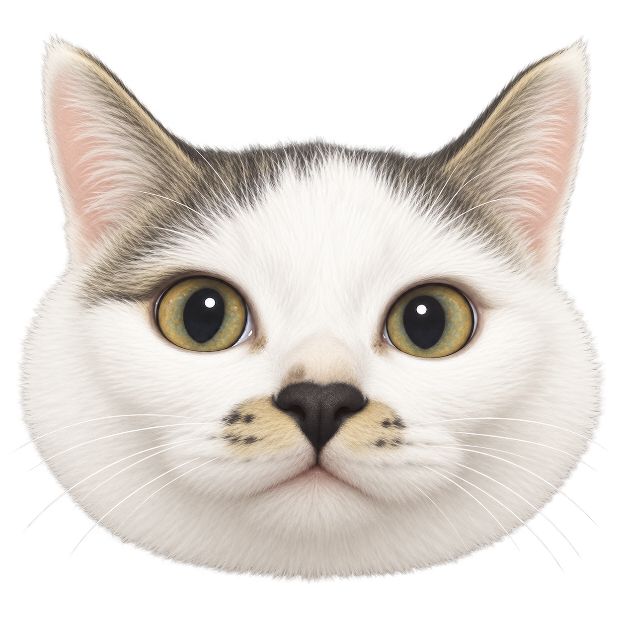 白花的卡通猫头：白白的圆脸、额头花色和黑鼻头